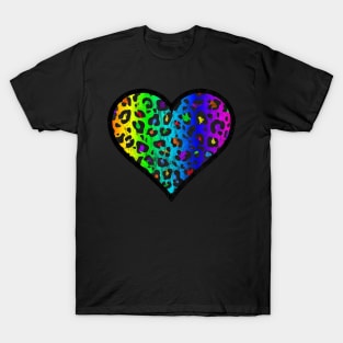 Distressed Dark Rainbow Leopard Print Heart T-Shirt